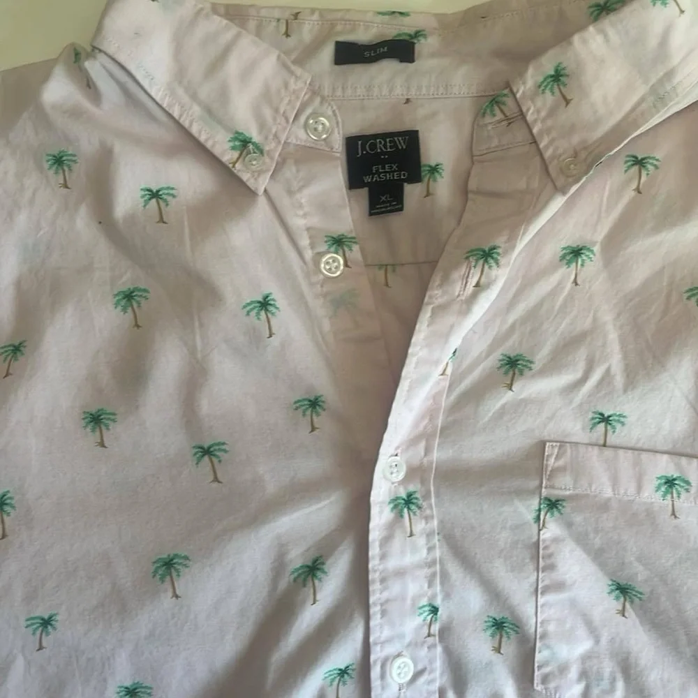 J.Crew re-imagined Men's Flex Washed Pink Palm Tree collared Print Shirt XL